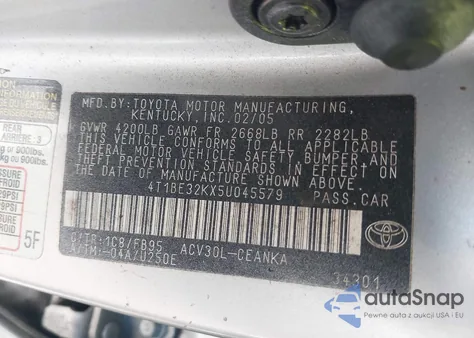 2005 Toyota Camry Le из США, поврежденный, VIN 4T1BE32KX5U045579